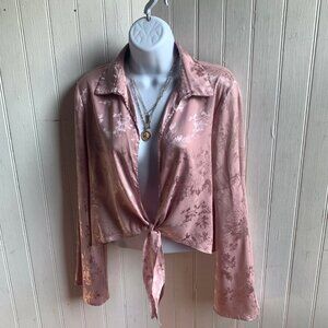 Lulus Pastel Pink Floral Bell Sleeve Tie Front Blouse Satin - Coquette Fairy - S